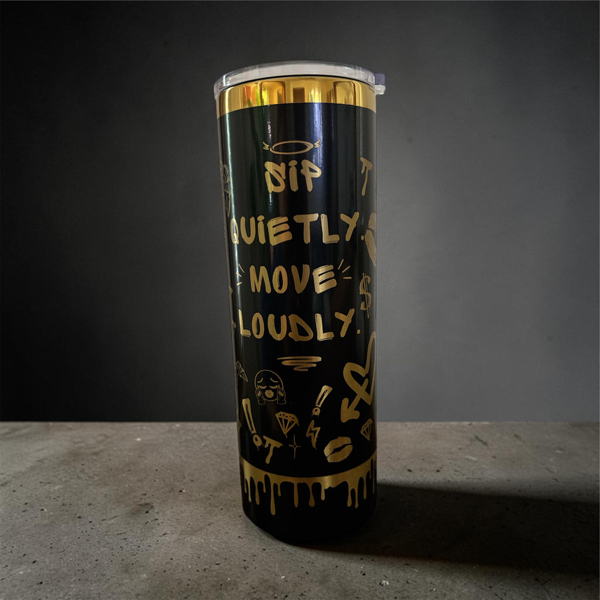 Personalized Skinny Tumbler 20 oz - Black Gold Graffiti Statement Cup, Bold Quote Stainless Steel Tumbler, Custom Name Gift for Her
