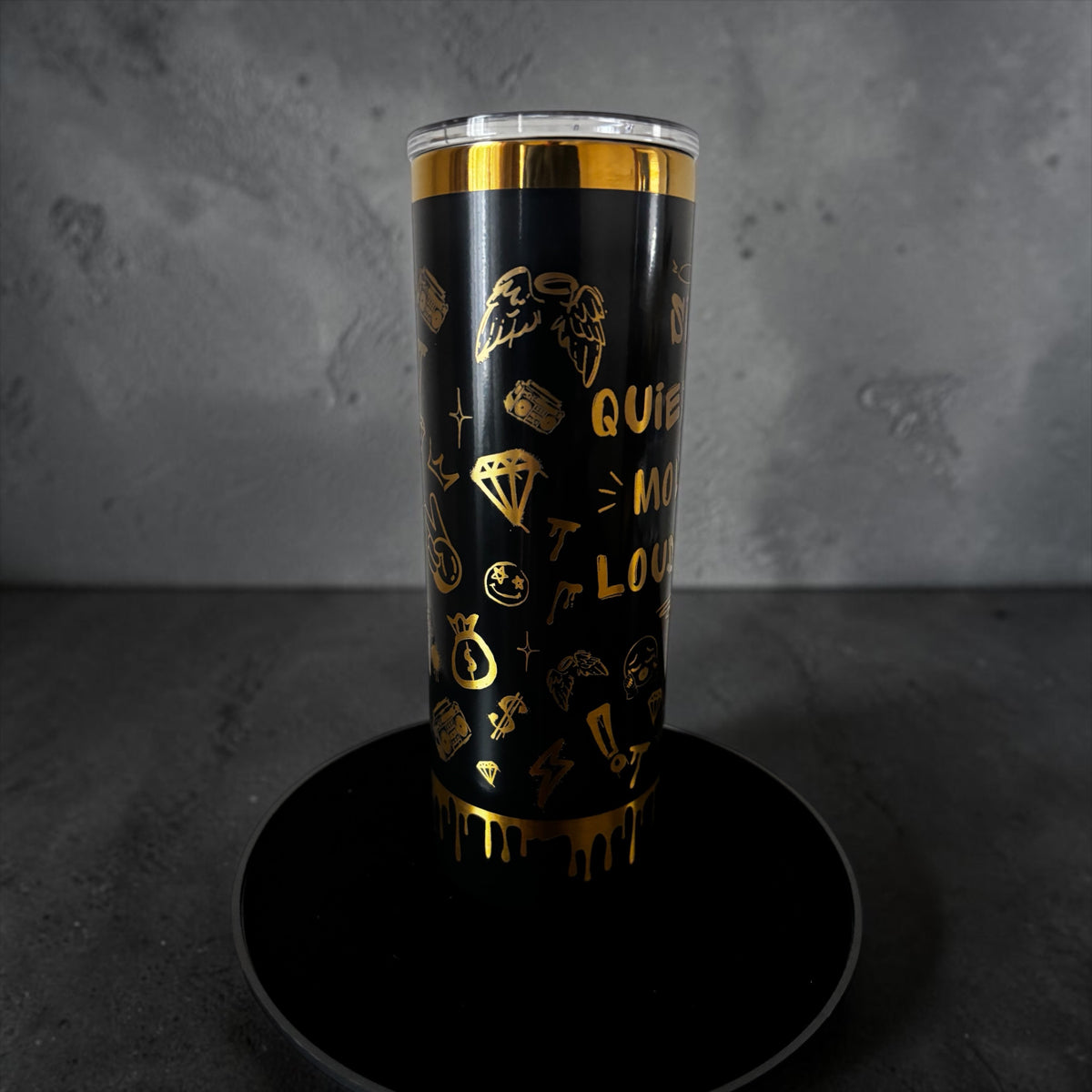 Personalized Skinny Tumbler 20 oz - Black Gold Graffiti Statement Cup, Bold Quote Stainless Steel Tumbler, Custom Name Gift for Her