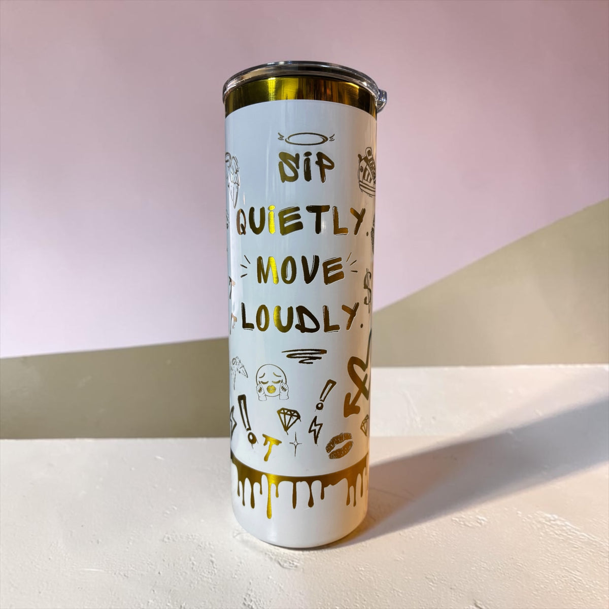 Personalized Skinny Tumbler 20 oz - White Gold Graffiti Statement Cup, Bold Quote Stainless Steel Tumbler, Custom Name Gift for Her