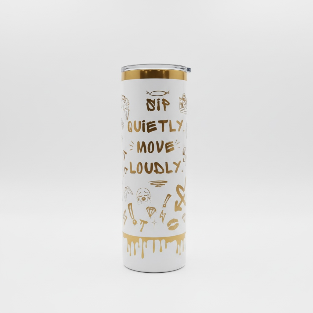 Personalized Skinny Tumbler 20 oz - White Gold Graffiti Statement Cup, Bold Quote Stainless Steel Tumbler, Custom Name Gift for Her