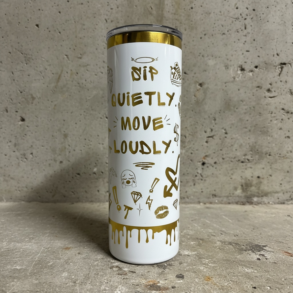 Personalized Skinny Tumbler 20 oz - White Gold Graffiti Statement Cup, Bold Quote Stainless Steel Tumbler, Custom Name Gift for Her