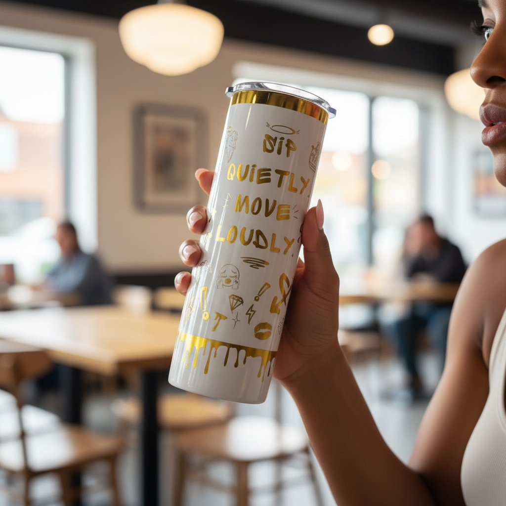 Personalized Skinny Tumbler 20 oz - White Gold Graffiti Statement Cup, Bold Quote Stainless Steel Tumbler, Custom Name Gift for Her