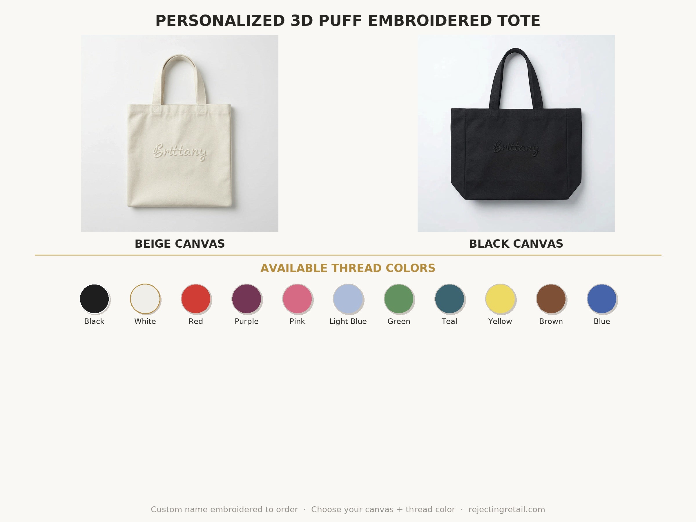 Personalized 3D Puff Embroidered Canvas Tote Bag — Custom Name Artisan Tote