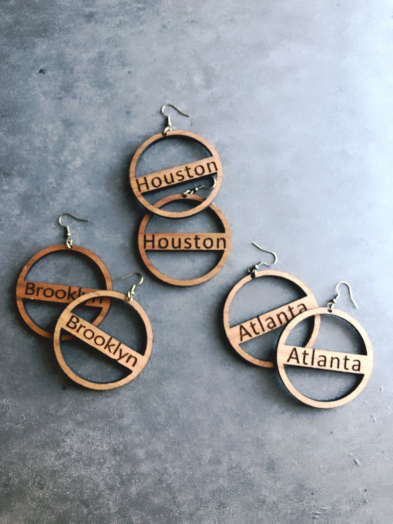 Personalized Wooden Hoop Earrings: Engraved City Name, Vintage Style
