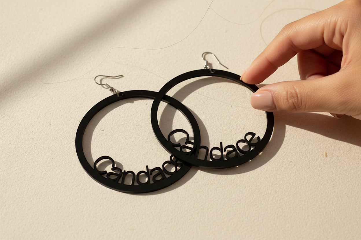 Rejecting Retail Studio black acrylic oversized hoop earrings with custom name cut out. Hypoallergenic.