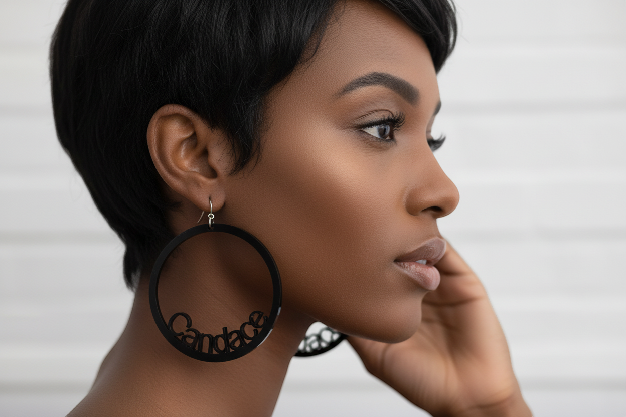 Rejecting Retail Studio black acrylic personalized name hoop earrings with 'Candace' cut out.