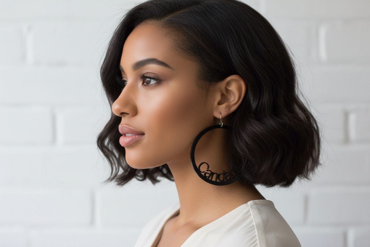 Rejecting Retail Studio black acrylic oversized hoop earrings with personalized name "Candace" cut out.