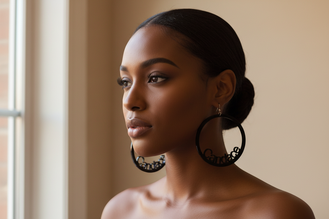 Rejecting Retail Studio black acrylic oversized hoop earrings with custom name cut out. Statement jewelry.