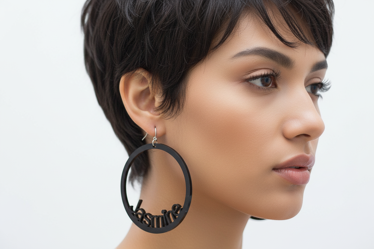 Rejecting Retail Studio black acrylic oversized hoop earrings with personalized name "Candace" cut out.