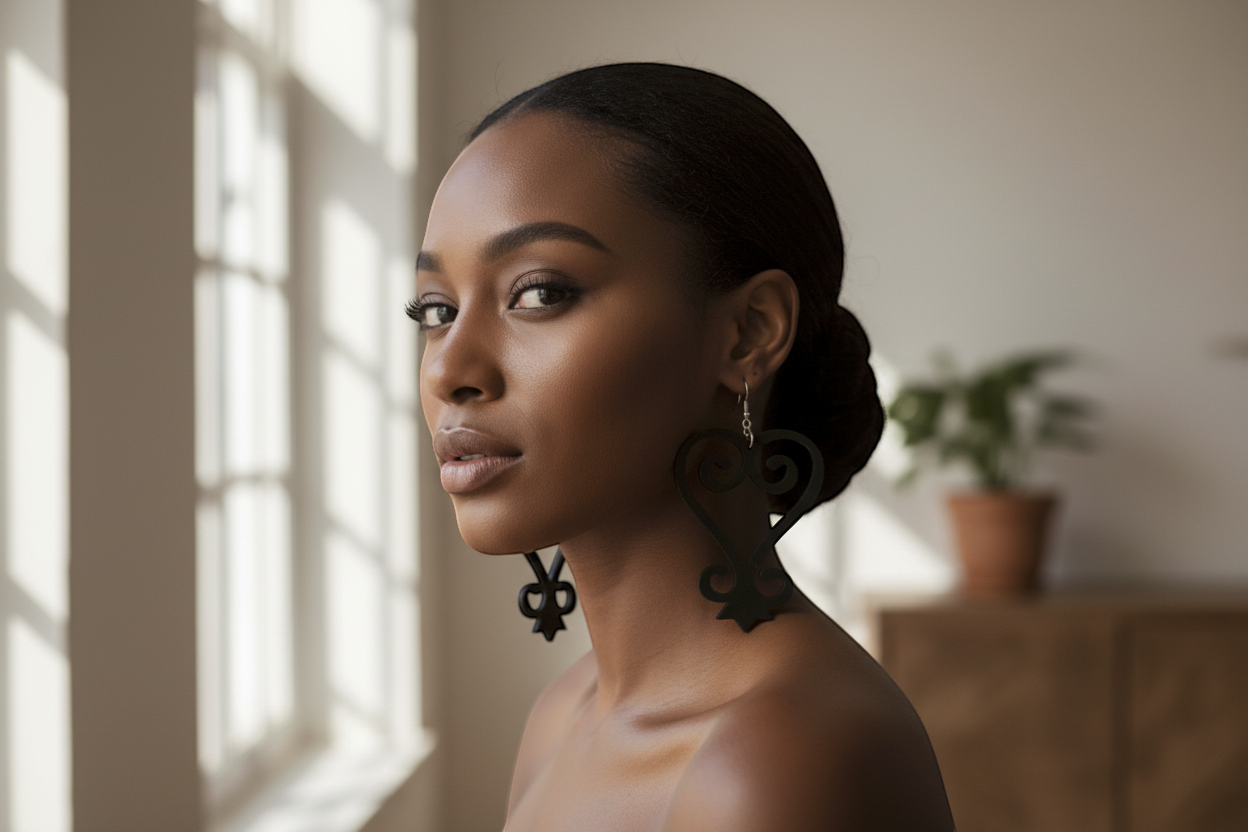 Rejecting Retail Studio black acrylic Sankofa earrings with hypoallergenic ear wires. Lightweight, handmade Afrocentric statement jewelry.