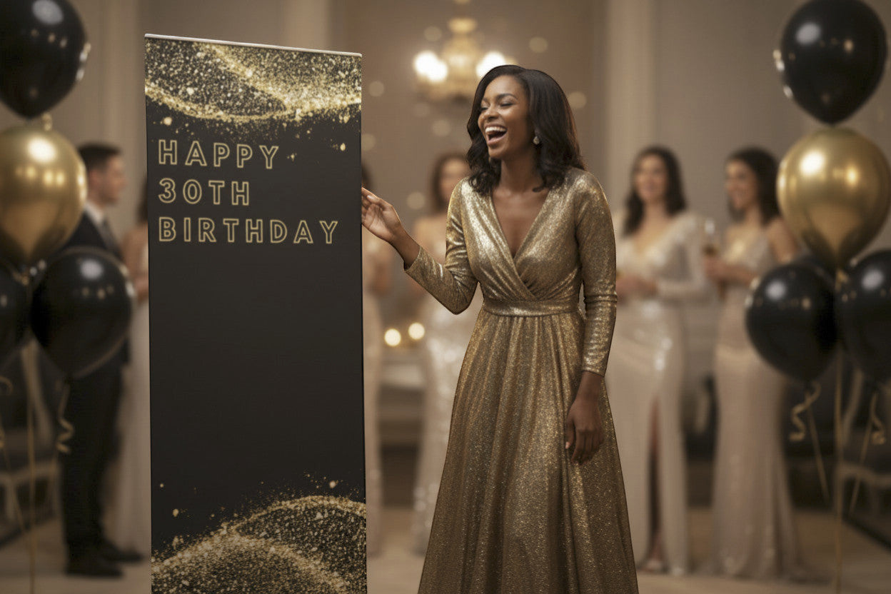 Rejecting Retail Studio black and gold premium vinyl retractable birthday banner with stand, reads "Happy 30th Birthday".
