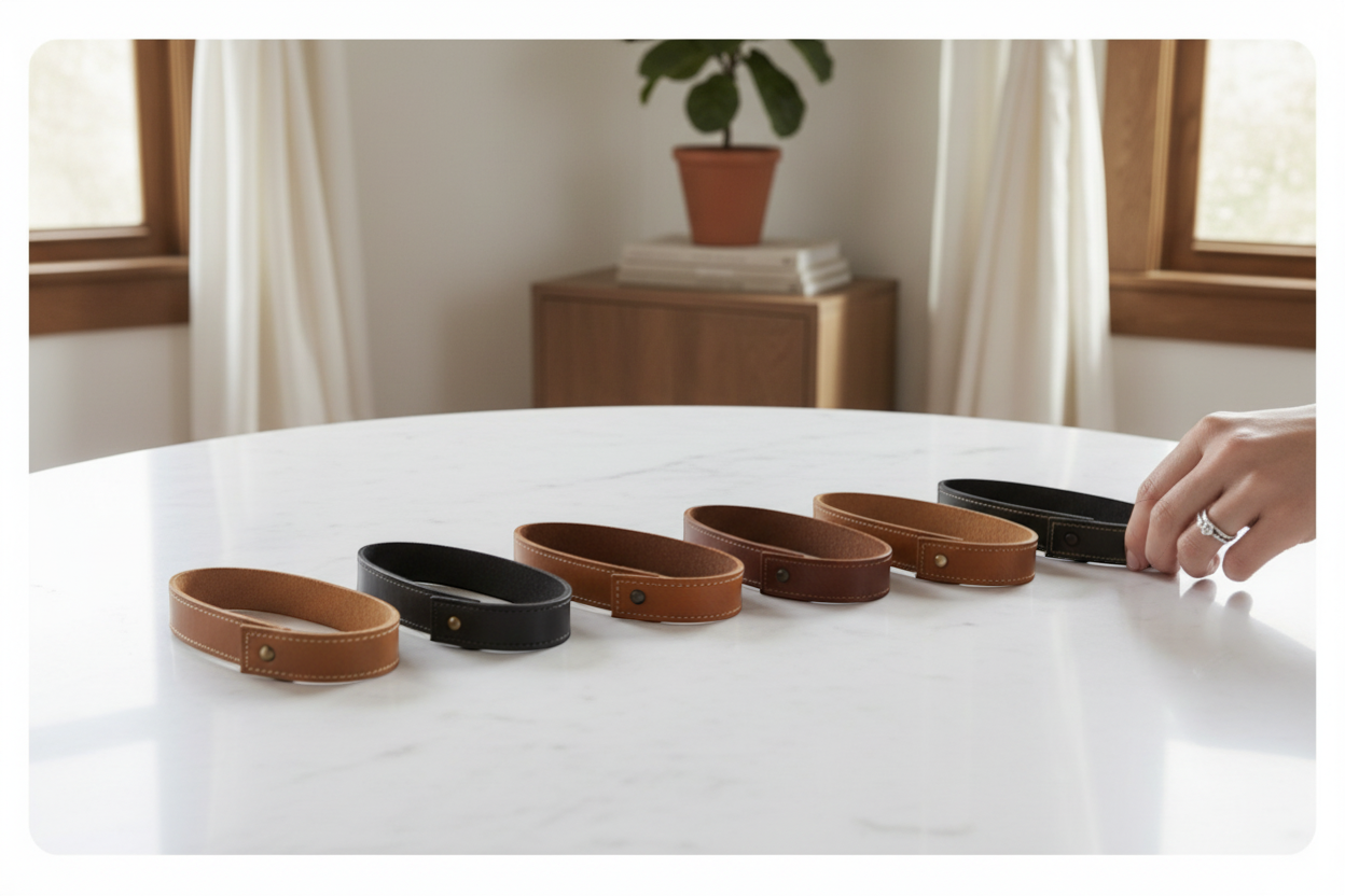 Rejecting Retail Studio black genuine leather curtain tieback with gold hardware on cream curtains