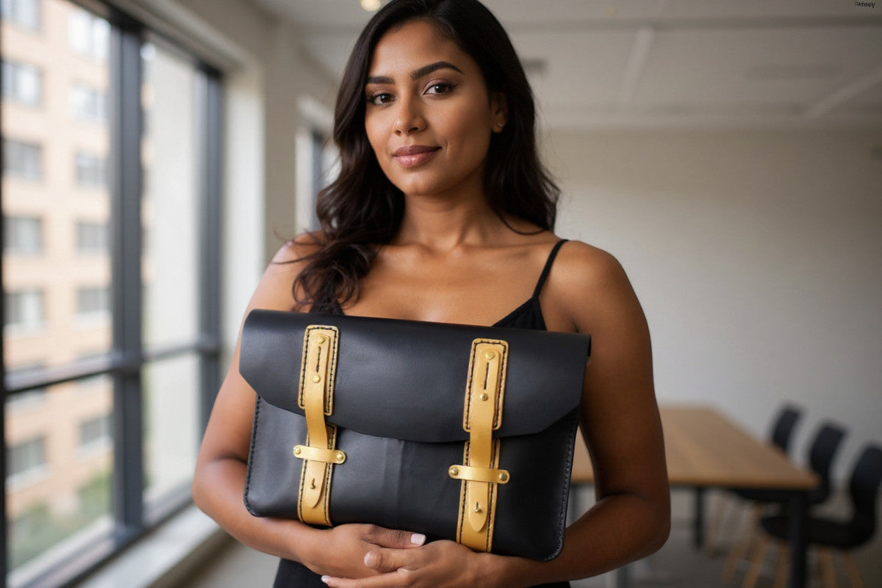 Rejecting Retail Studio black leather portfolio bag with tan strap details. Hand-sewn document holder.