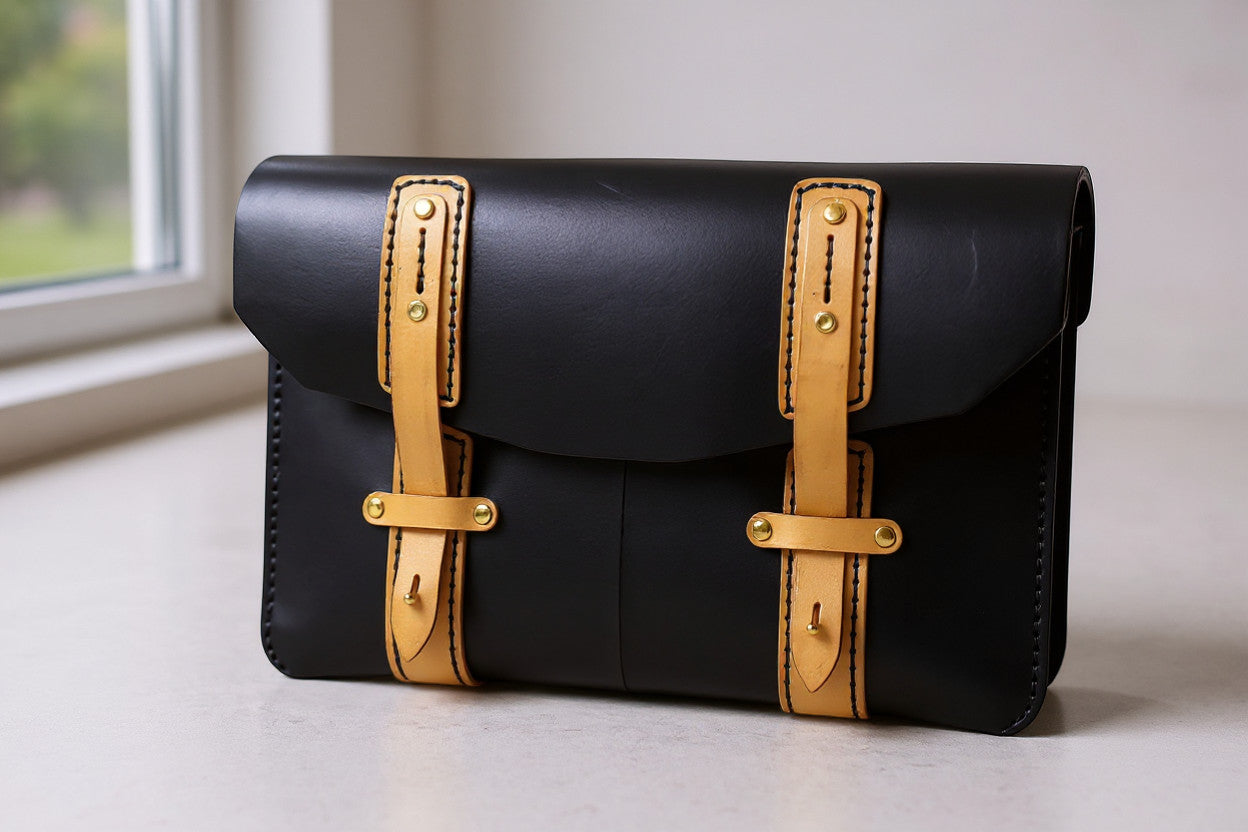 Rejecting Retail Studio hand-sewn black leather portfolio bag with tan leather straps and brass hardware. Personalized document holder.