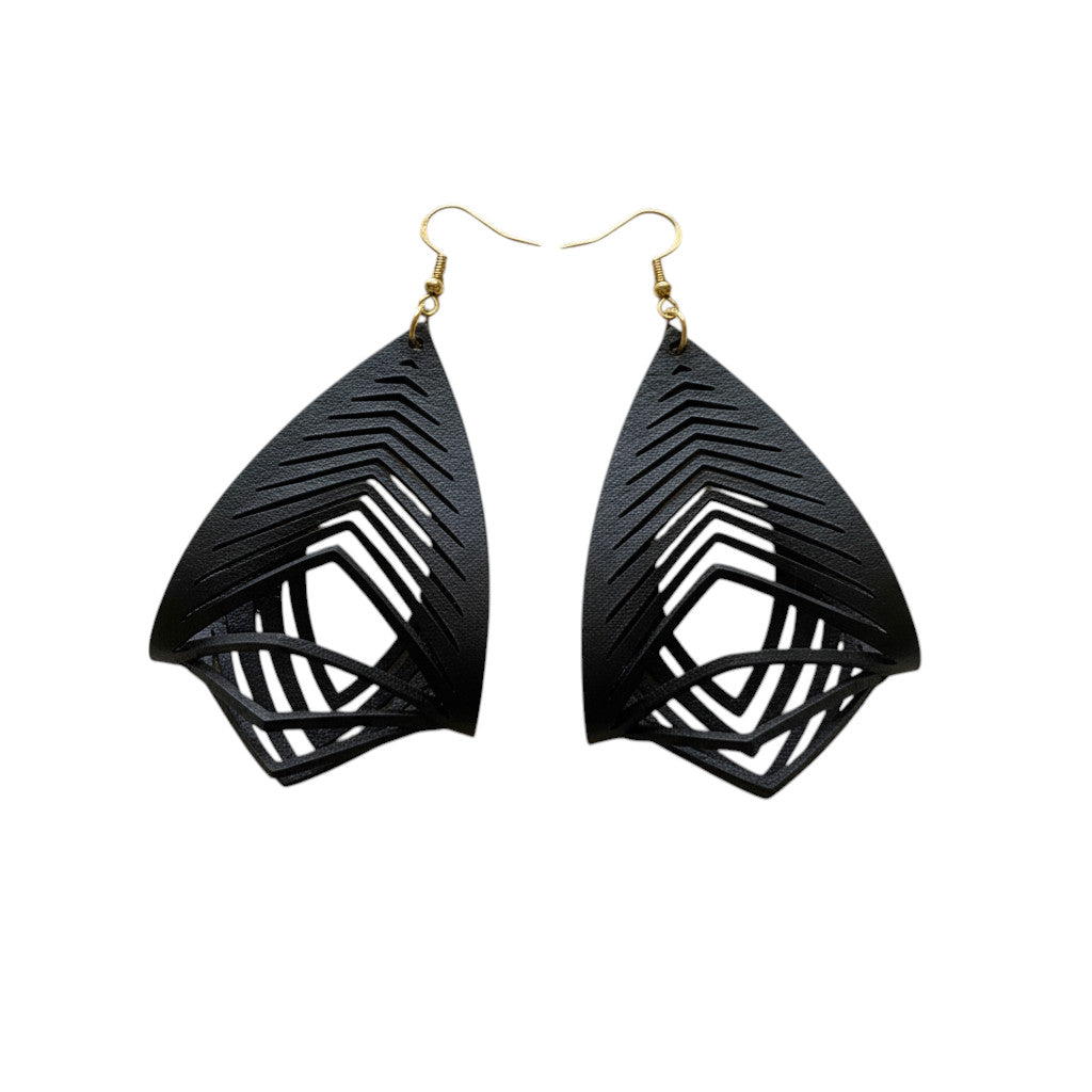 Rejecting Retail Studio hand-painted black genuine leather statement earrings with gold accents and 3D sculpted design.