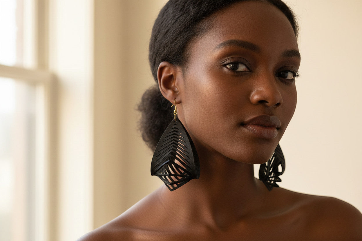 Rejecting Retail Studio black genuine leather statement earrings with 3D sculpted design and gold accents.
