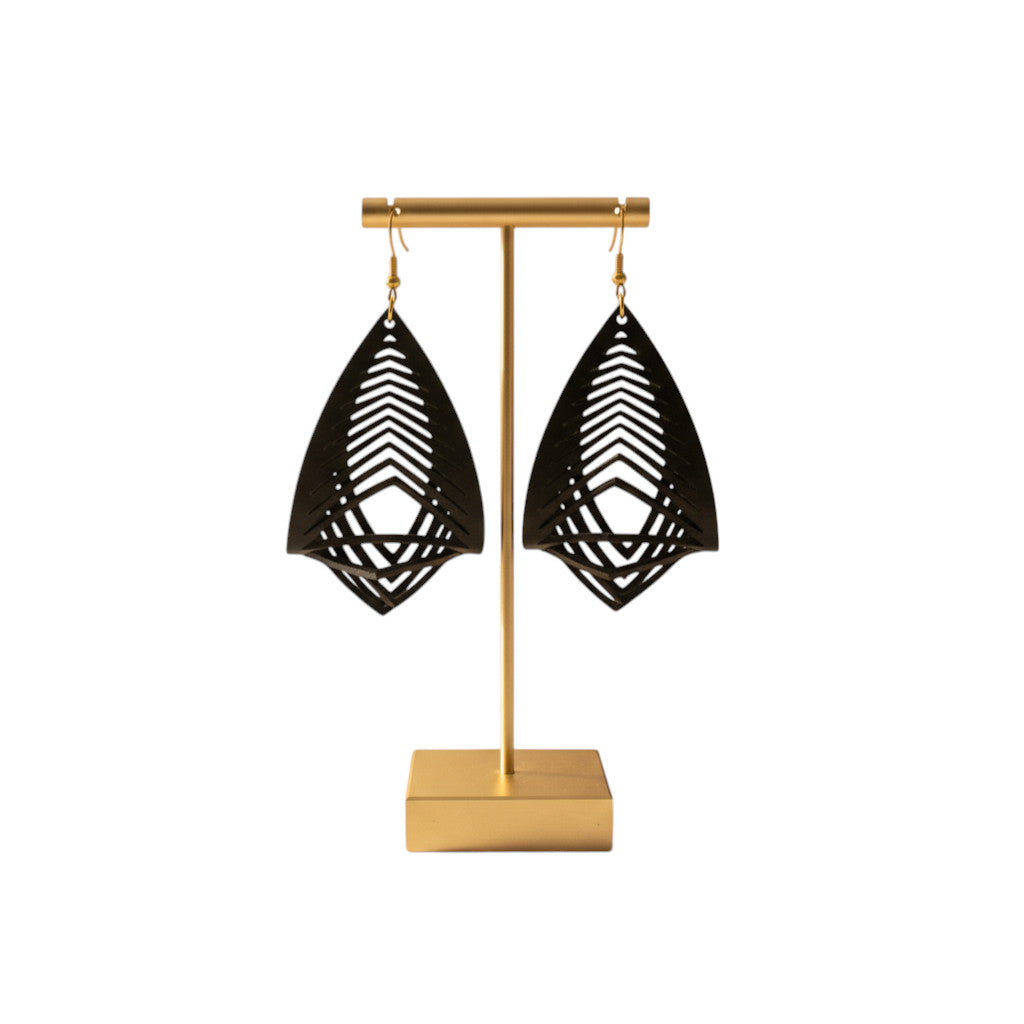 Rejecting Retail Studio hand-painted black genuine leather statement earrings with gold accents and 3D sculpted design.