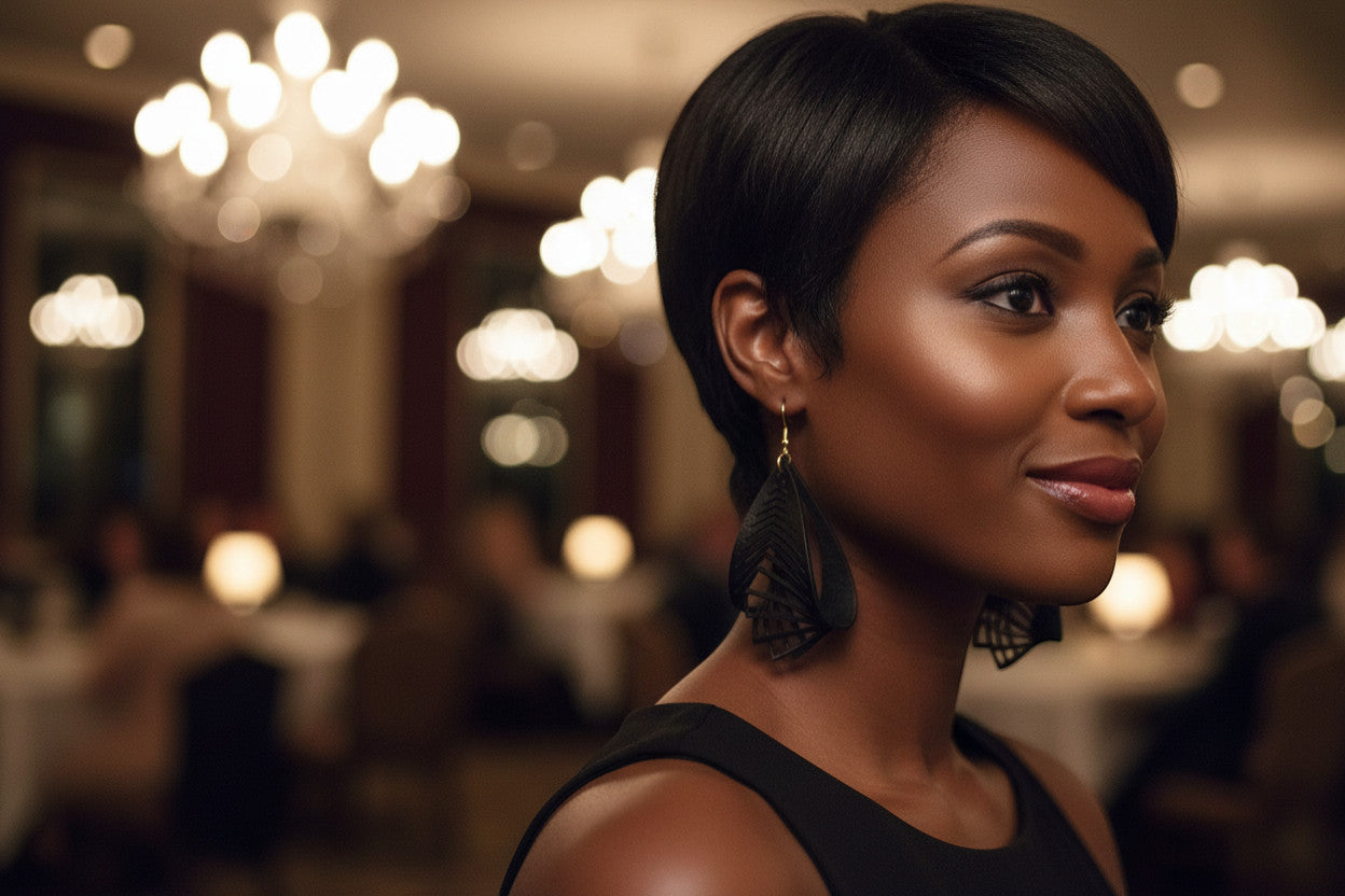 Rejecting Retail Studio hand-painted black leather statement earrings with gold accents and 3D sculpted design.