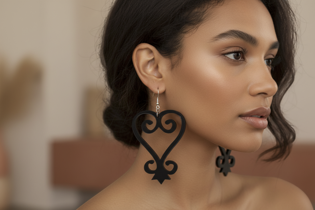 Rejecting Retail Studio black acrylic Sankofa earrings with hypoallergenic ear wires. Lightweight statement jewelry.