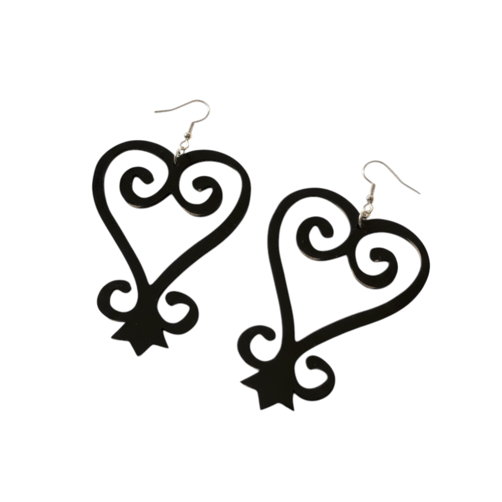 Rejecting Retail Studio black acrylic Sankofa earrings with hypoallergenic ear wires. Lightweight statement jewelry.