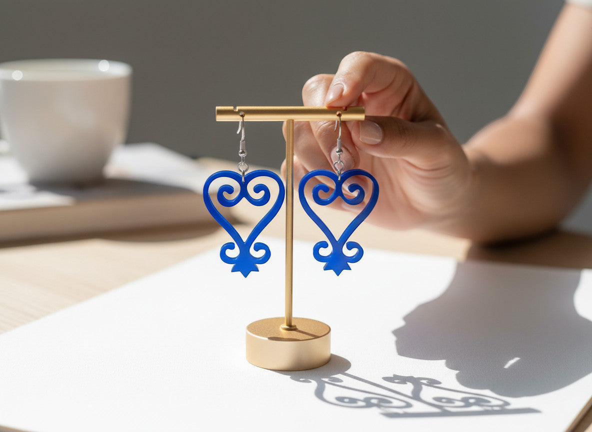 Rejecting Retail Studio blue acrylic Sankofa earrings with hook backs. Handmade Afrocentric statement jewelry.