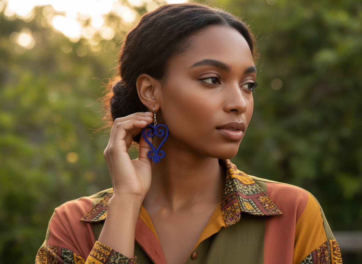 Rejecting Retail Studio blue acrylic Sankofa earrings with hypoallergenic ear wires. Handmade Afrocentric statement jewelry.