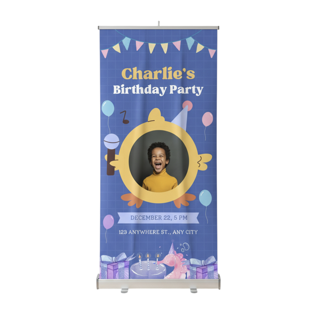 Rejecting Retail Studio personalized birthday banner for boys featuring a cartoon chick, balloons, microphone, and birthday cake.