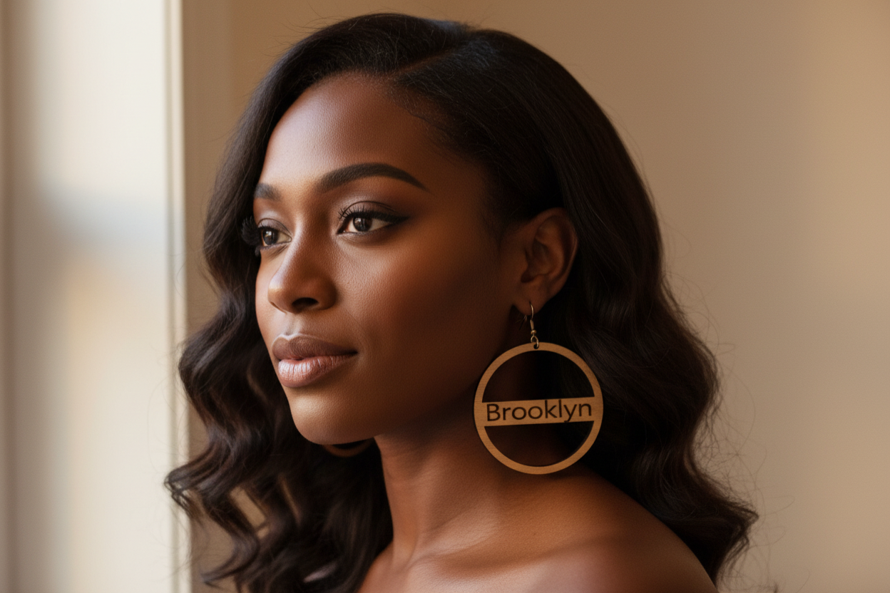 Rejecting Retail Studio natural wood hoop earrings engraved with the city name Brooklyn in a vintage serif font.