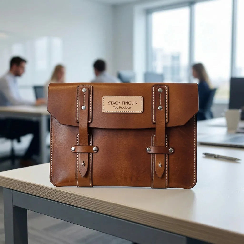Rejecting Retail Studio hand-sewn brown leather portfolio with personalized nameplate, functions as document holder and laptop sleeve.