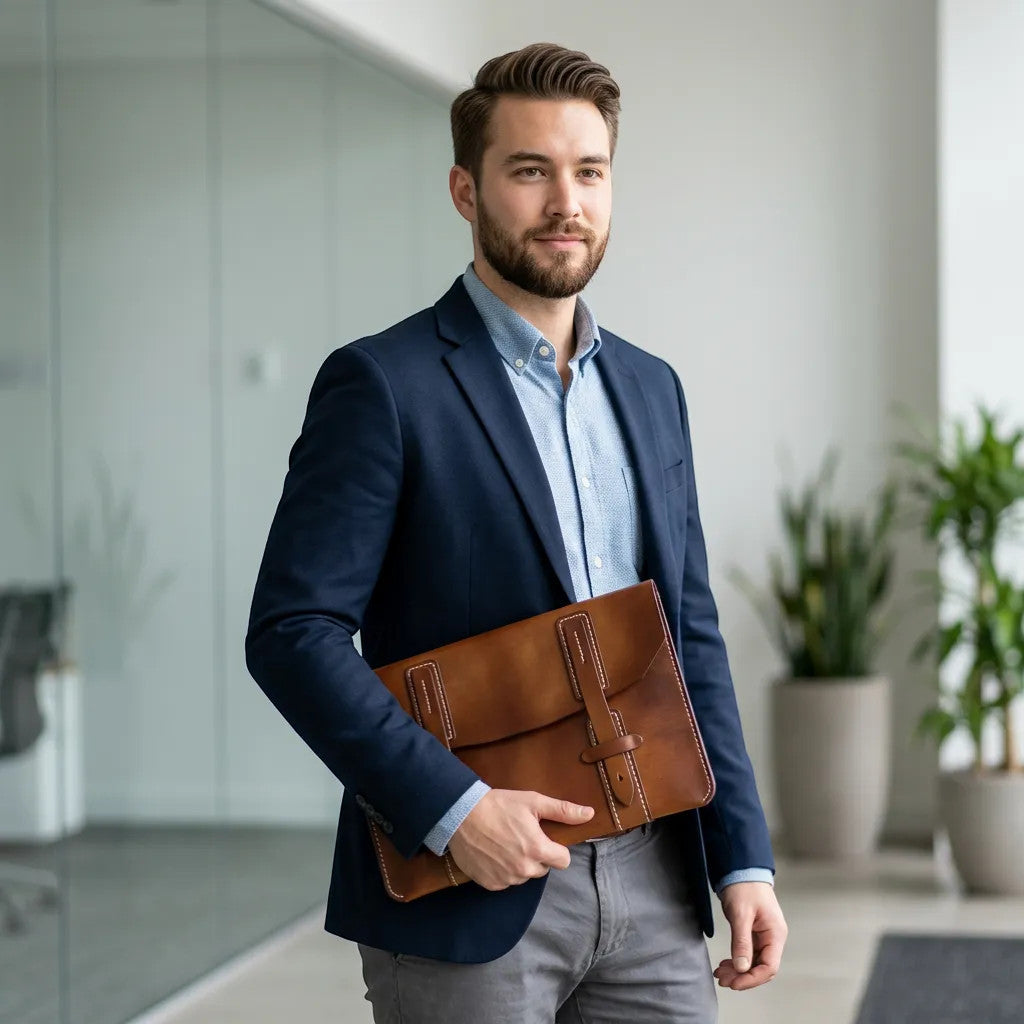 Rejecting Retail Studio hand-sewn brown leather portfolio with buckle closure, functions as document holder and laptop sleeve.