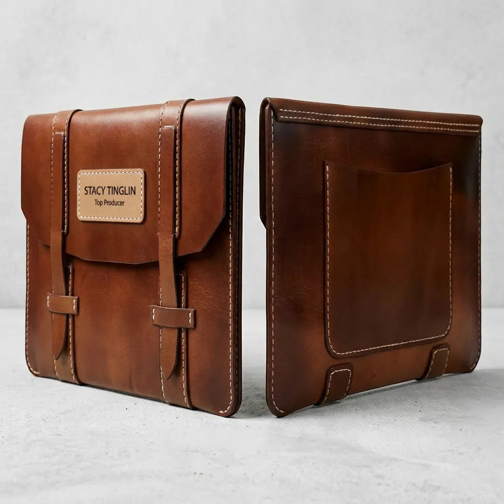 Rejecting Retail Studio hand-sewn brown leather portfolio with personalized nameplate, functions as document holder and laptop sleeve.