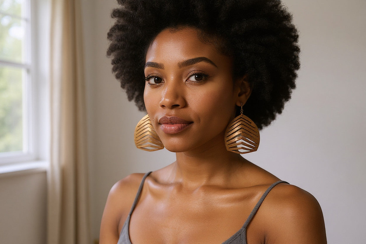 Rejecting Retail Studio copper hand-painted genuine leather earrings with laser-cut chevron pattern. Lightweight statement jewelry.