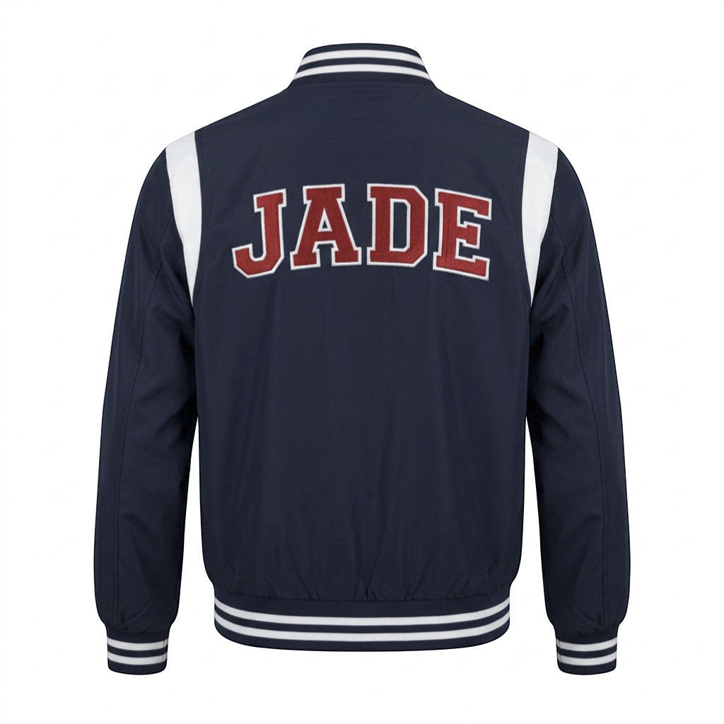 Rejecting Retail Studio navy blue custom embroidered varsity jacket with white accents and red lettering spelling JADE.
