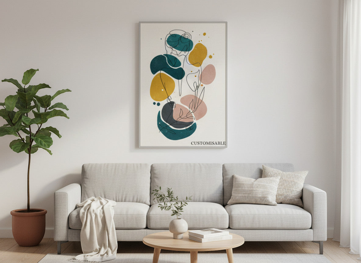 Rejecting Retail Studio custom canvas print featuring minimalist line art of a woman with abstract pastel shapes and a floral accent.