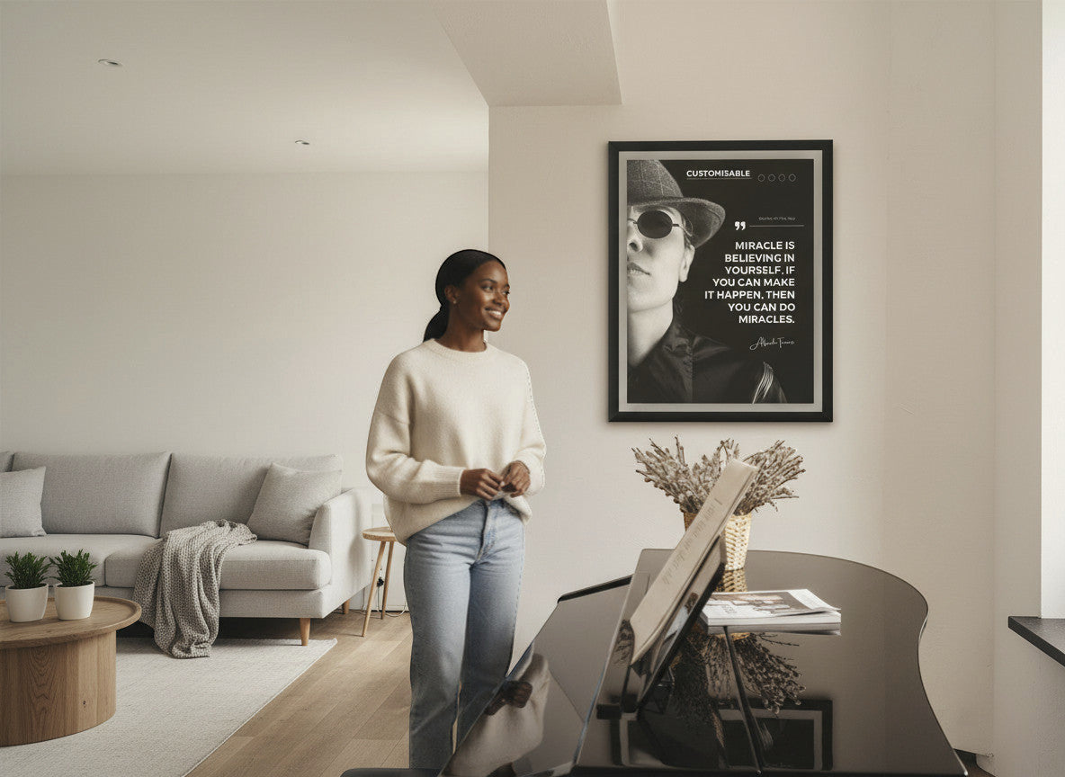 Rejecting Retail Studio customisable poster print featuring a black and white portrait of a person wearing a hat and sunglasses with a quote.