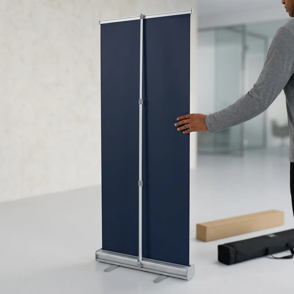 Rejecting Retail Studio custom retractable banner with navy blue fabric and silver stand, includes carry bag and box.