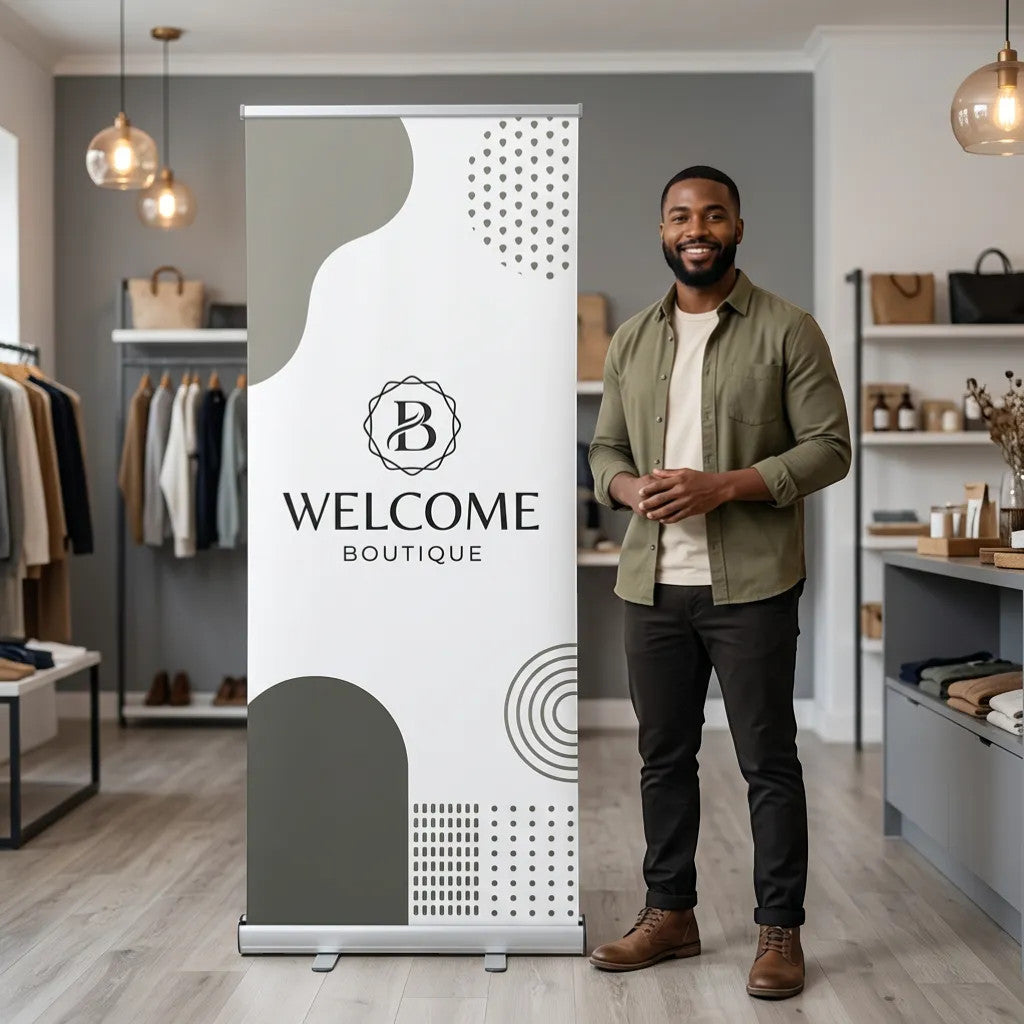 Rejecting Retail Studio custom retractable banner with 'WELCOME BOUTIQUE' text and modern grey design elements. Professional roll-up stand.