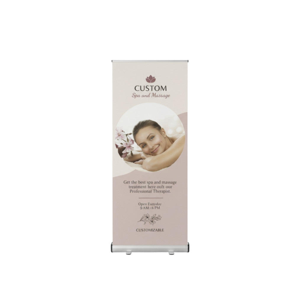 Rejecting Retail Studio custom spa and massage retractable banner with a woman's face and floral accents.