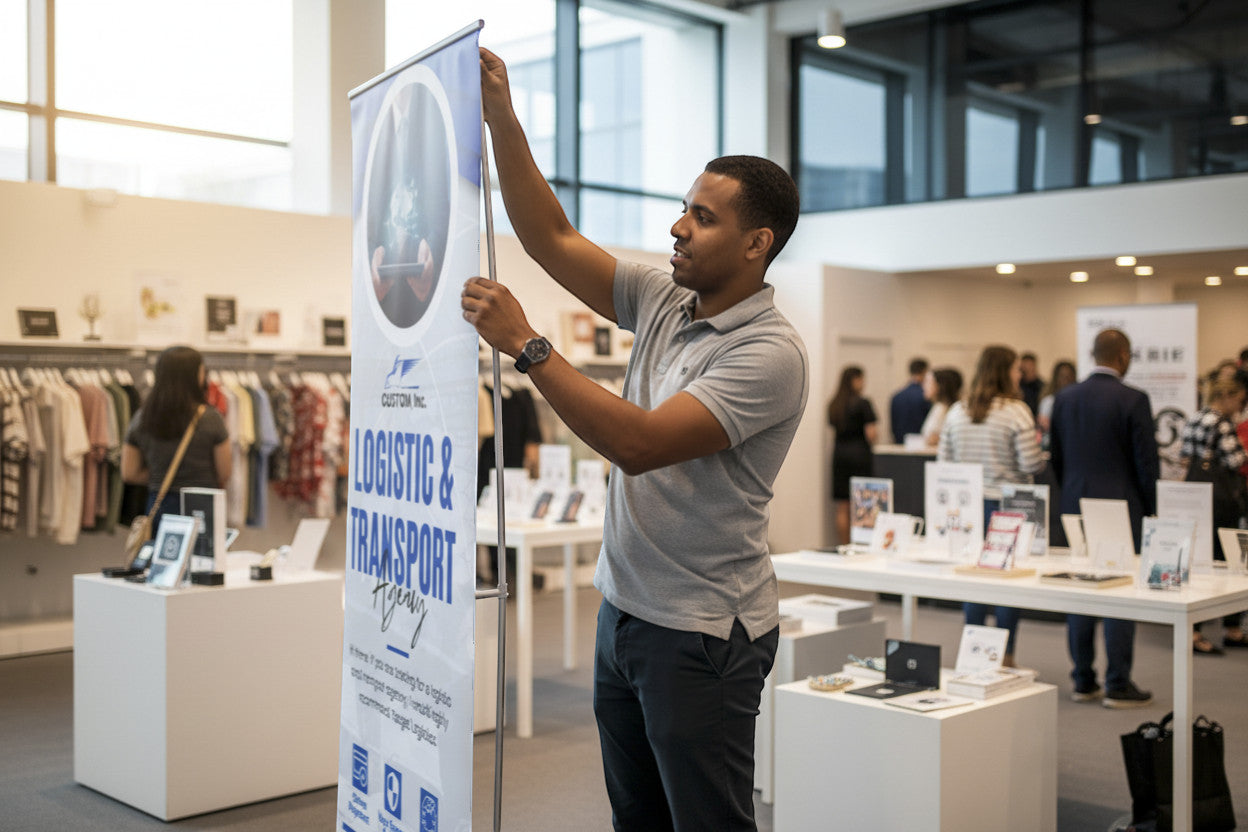 Rejecting Retail Studio customizable retractable banner stand with vinyl print for logistics and transport agency.