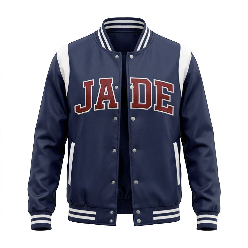 Rejecting Retail Studio navy blue custom embroidered varsity jacket with white sleeves and red lettering.