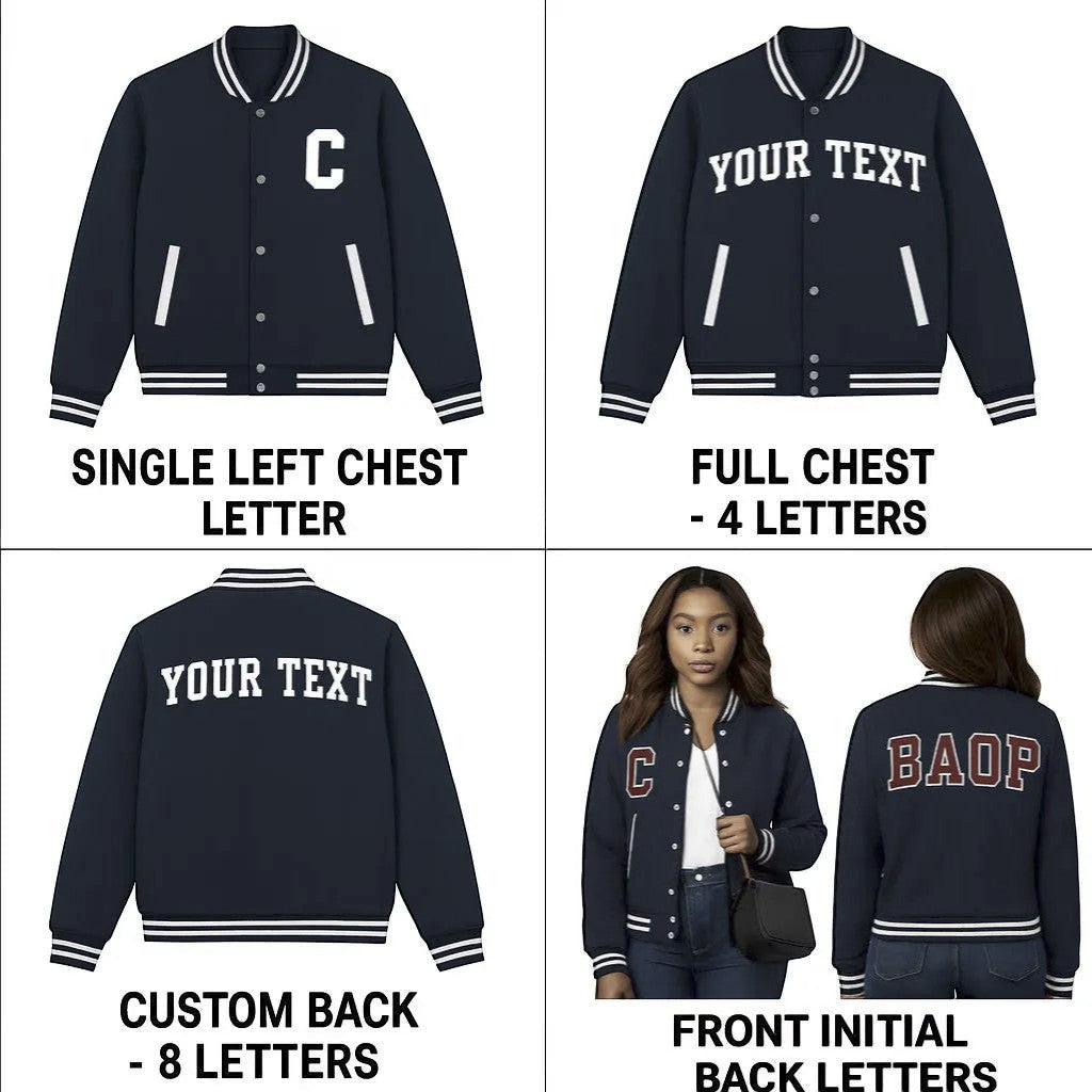 Rejecting Retail Studio navy blue custom varsity bomber jacket for women with white trim and personalized embroidery options.