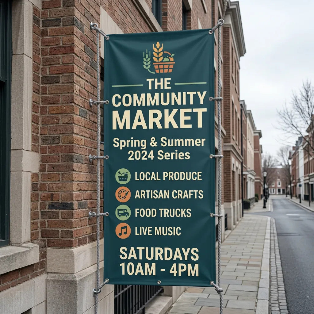 Rejecting Retail Studio custom vinyl banner for The Community Market, featuring local produce, artisan crafts, food trucks, and live music.