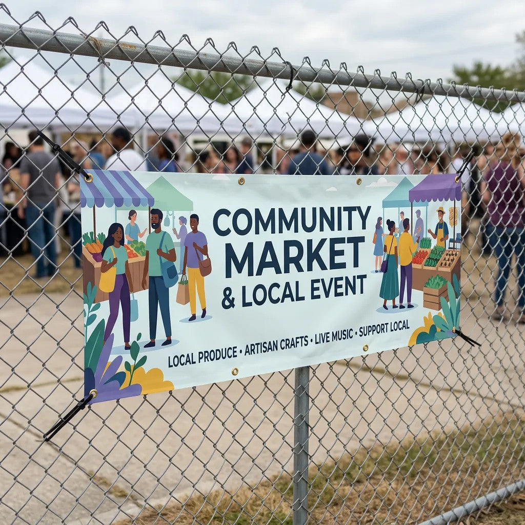 Rejecting Retail Studio custom vinyl banner for Community Market & Local Event, featuring colorful illustrations of people shopping and stalls with produce.