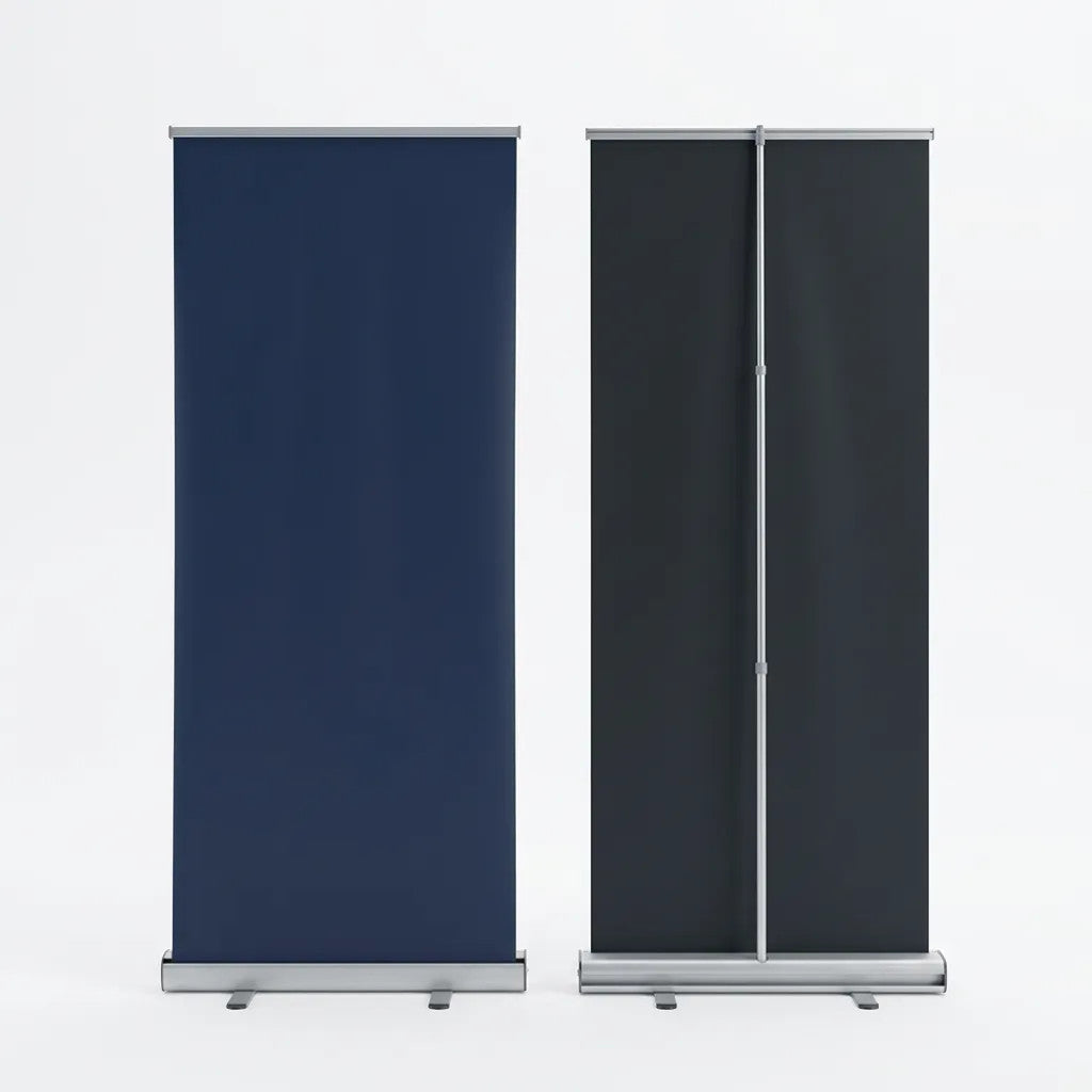 Rejecting Retail Studio navy blue and black retractable banner stands with silver hardware. Customizable for events.