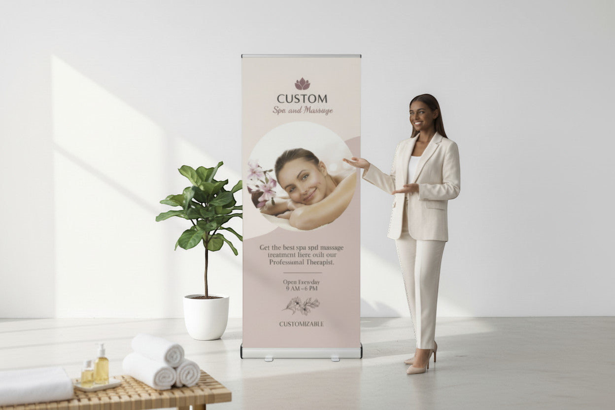 Rejecting Retail Studio customizable spa and massage retractable banner with professional full-color print on vinyl.
