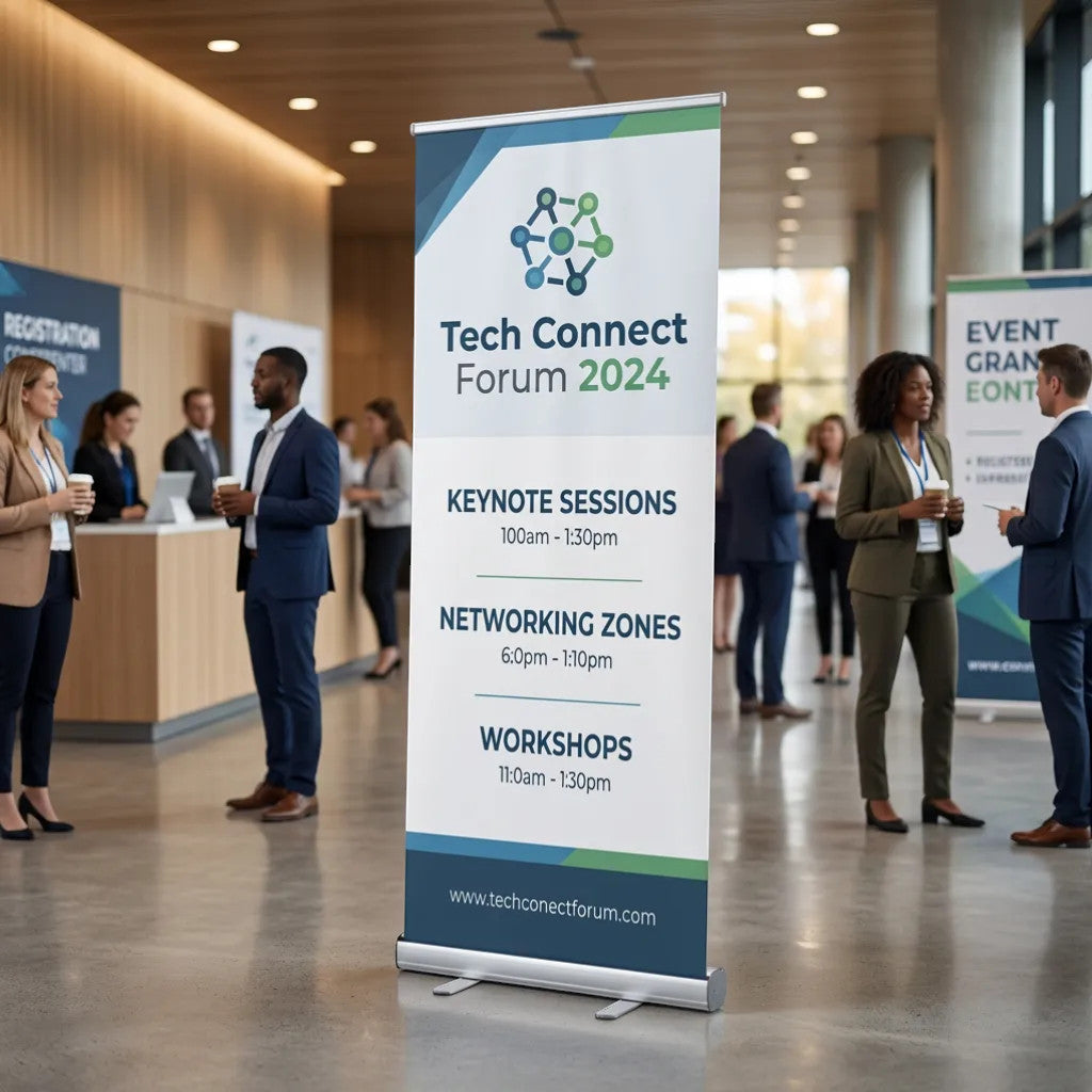 Rejecting Retail Studio customizable retractable banner for Tech Connect Forum 2024 with keynote sessions, networking zones, and workshops schedule.