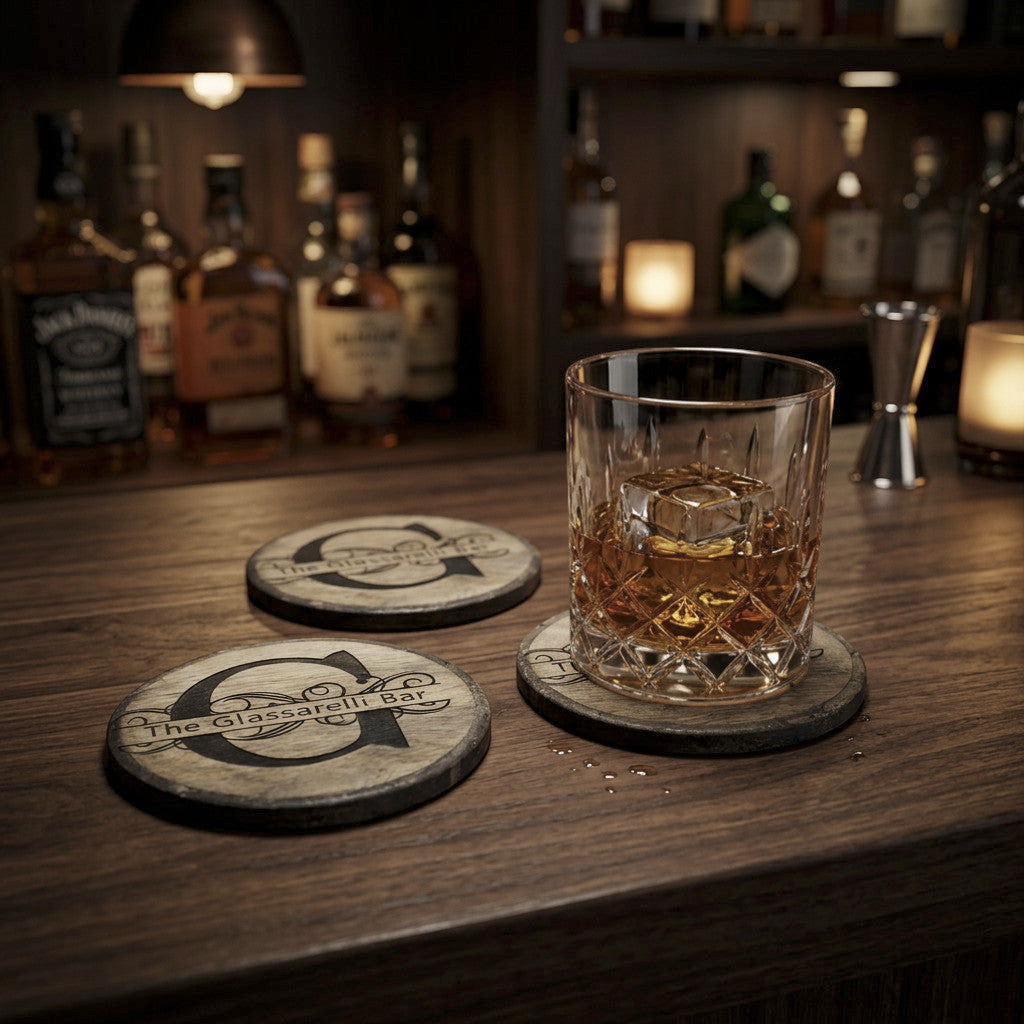 Rejecting Retail Studio personalized engraved mango wood coasters, set of 4, with custom monogram or family name.