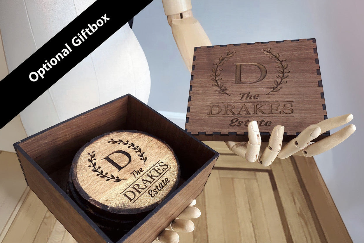 Rejecting Retail Studio personalized engraved mango wood coaster set of 4 with wreath monogram and family name.