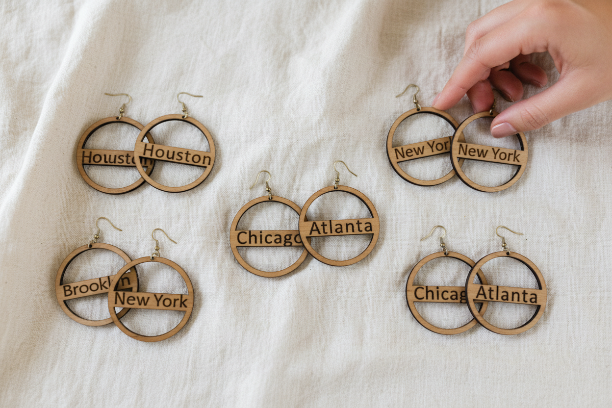 Rejecting Retail Studio natural wood hoop earrings engraved with city names like Houston, Brooklyn, and Atlanta.