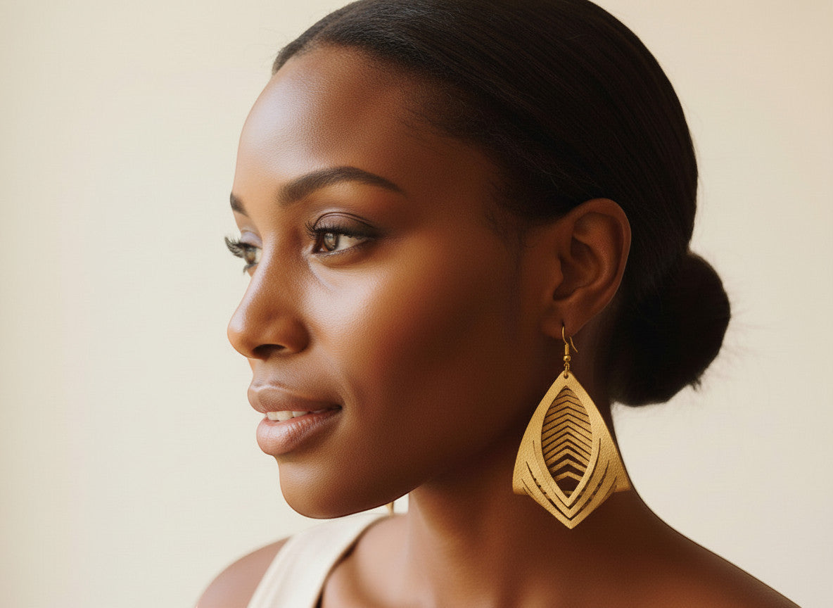 Rejecting Retail Studio gold leather statement earrings, hand-painted, 3D sculpted genuine leather.